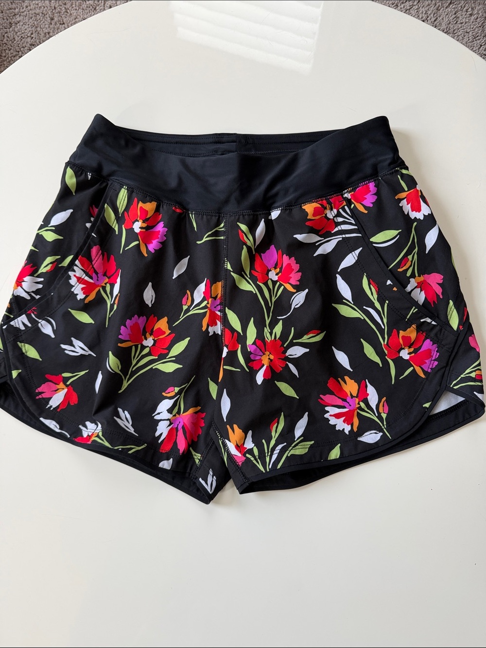 Lands' End Black Floral Athletic Shorts with Bright Blooms